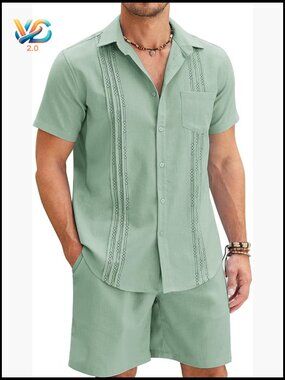 Men Linen 2 Piece Short Sleeve Guayabera Suit Sets Outfits